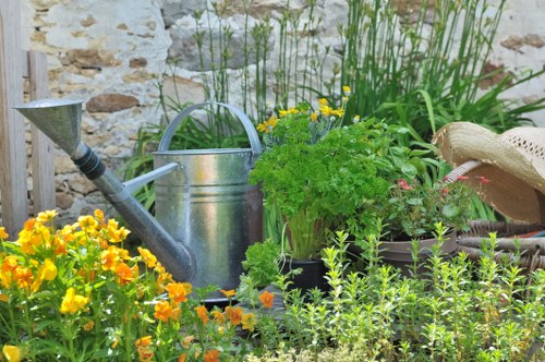 A lush garden corner featuring a variety of plants and gardening tools. In the foreground, there are vibrant yellow and orange flowering plants with dense green foliage. Behind them, a weathered stone wall provides a rustic backdrop, partially covered with tall, grassy plants. A metal watering can with a curved handle and a long spout rests on a surface, alongside a small potted herb plant with bright green leaves. To the right, a woven straw hat is placed atop a container or similar surface, indicating outdoor gardening activity. The area appears well-maintained, with a mixture of flowering plants, herbs, and ornamental foliage, set in natural sunlight that highlights the rich green tones and vibrant blooms, suggestive of a typical outdoor garden space in Erith, Kent, fitting for a professional gardening and landscaping service like Lawn Mowing Erith.